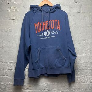 Minnesota Vermilion Dam Lodge Vintage Style Hoodie Sweatshirt Navy Blue Orange L